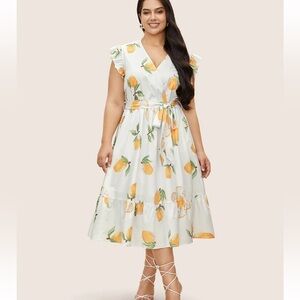 BloomChic Plus Size 2XL Citrus Lemon Print Ruffles Patchwork Belted Dress